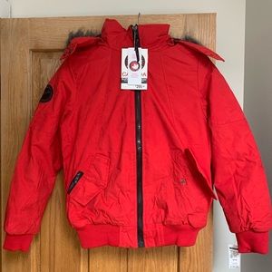 Canada Weather Gear Bomber Jacket!! NWT Red & Black goose down, medium!